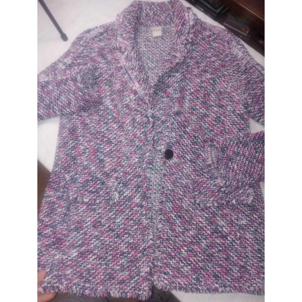 Chicos Tweed Rug Texture Cardigan One Button Raspberry Size 1